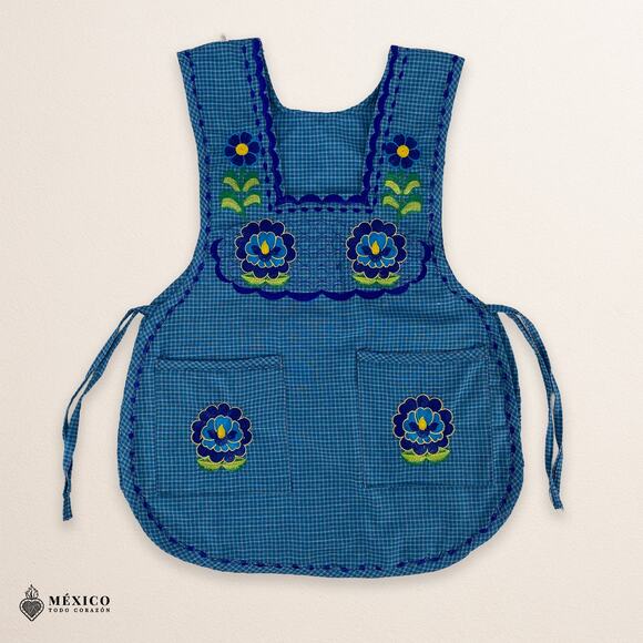 Blue Mexican Embroidered Smock Apron – Floral Traditional Design for Women - Picture 3 of 8
